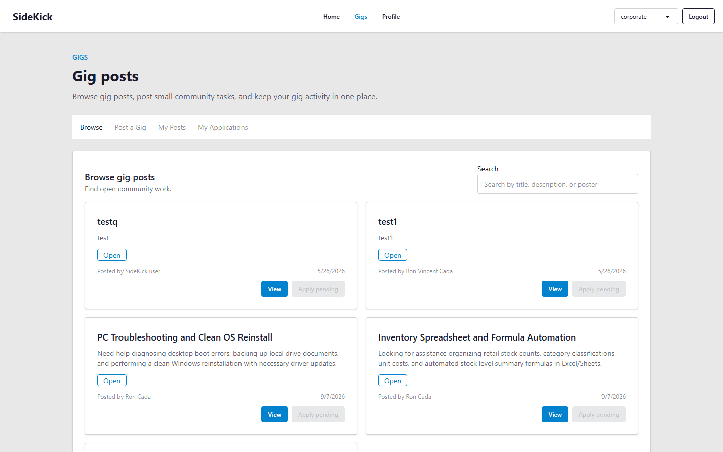 Sidekick talent marketplace interface displaying community gig posts, search options, and open listings